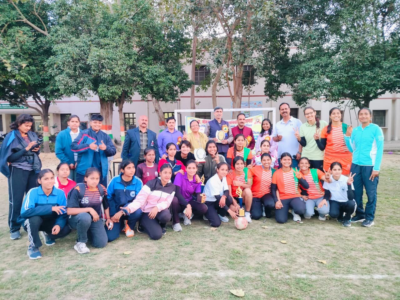 Chhalesar campus women’s team celebrating victory at Dr Bhimrao Ambedkar University Agra inter college handball tournament