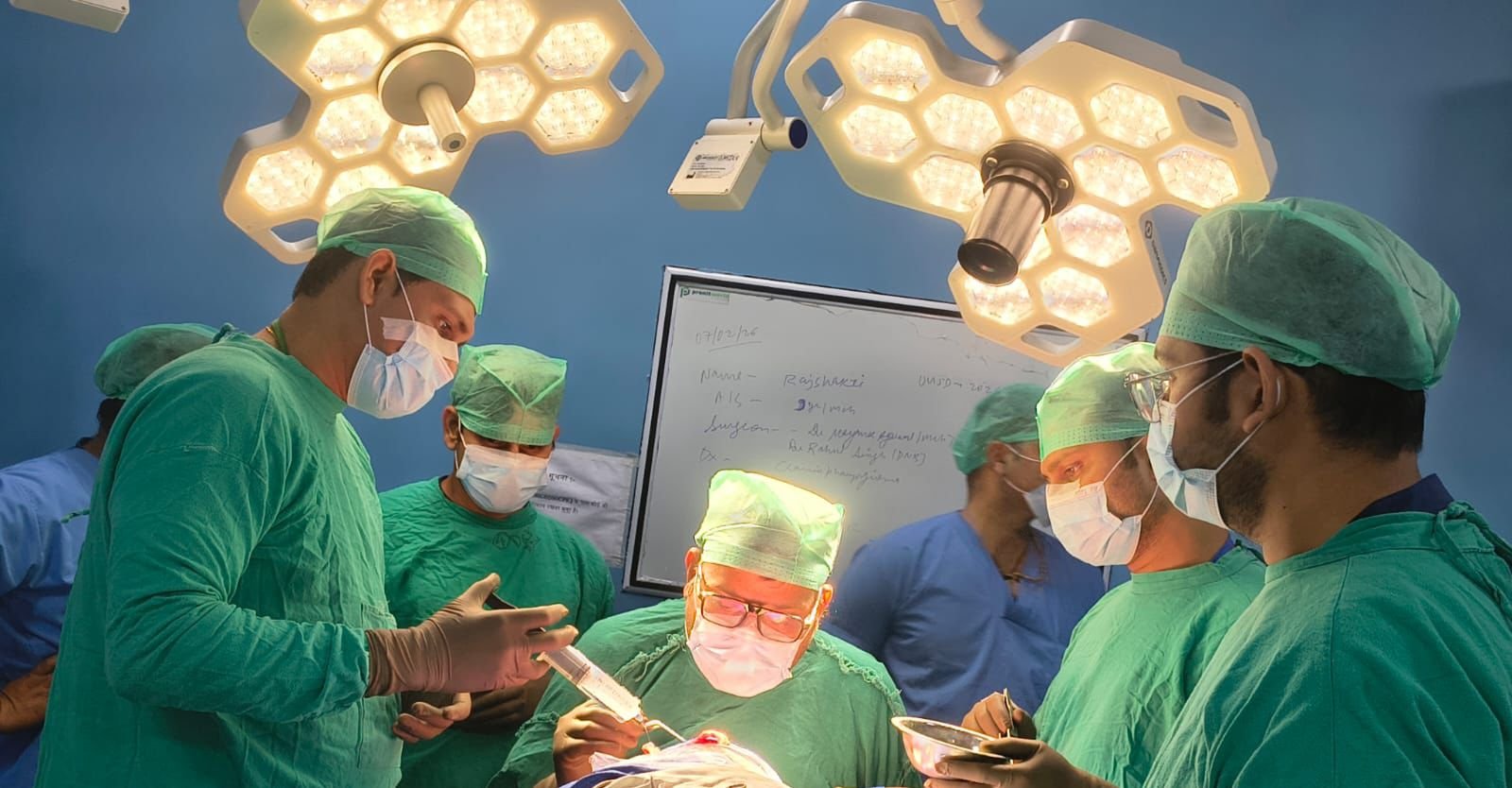 Doctors performing successful brain tumor surgery on a 9-year-old child at S N Medical College, Agra, showcasing advanced neurosurgery techniques and teamwork.