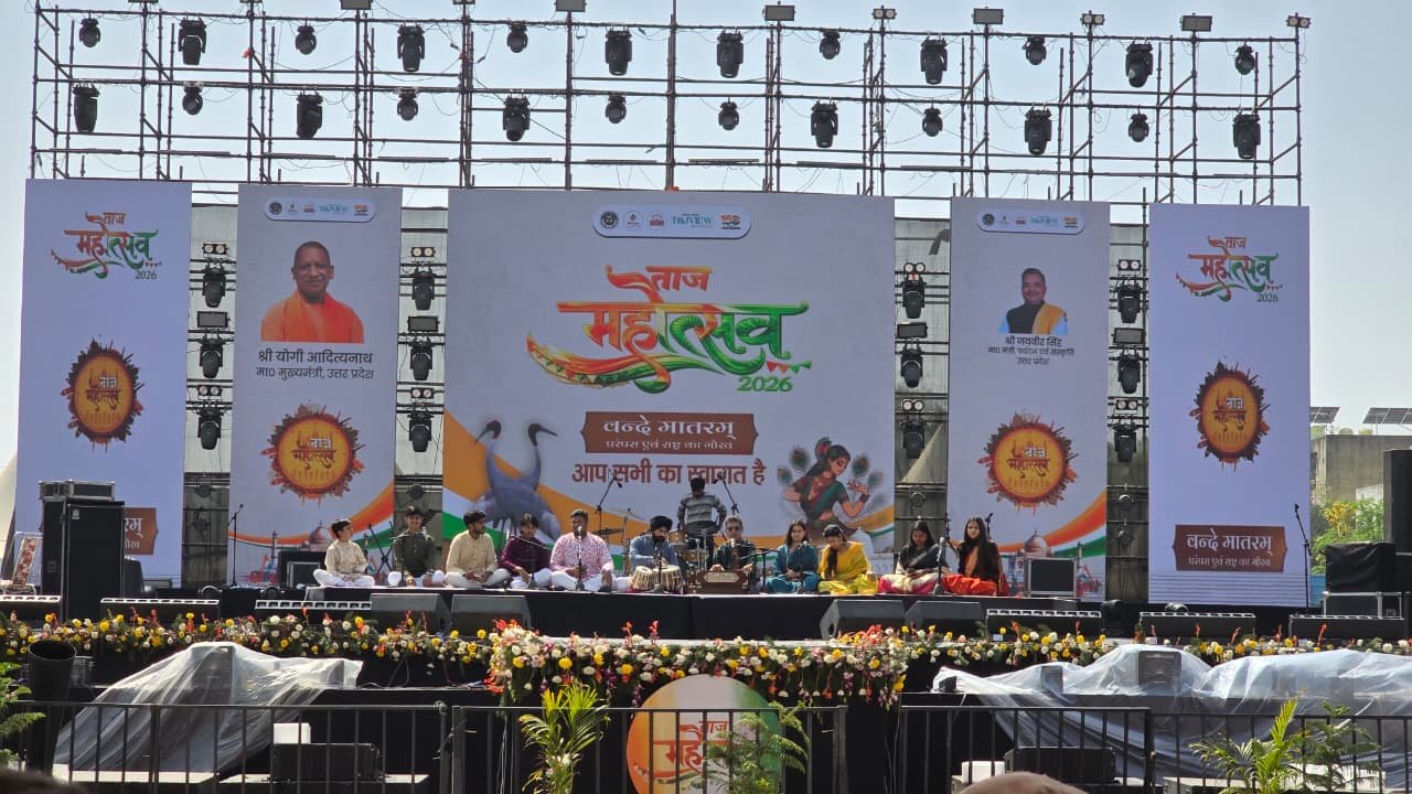 Performance of ‘Naad Yagya’ by Dr. B.R. Ambedkar University music students on the main stage of Taj Mahotsav 2026, Agra
