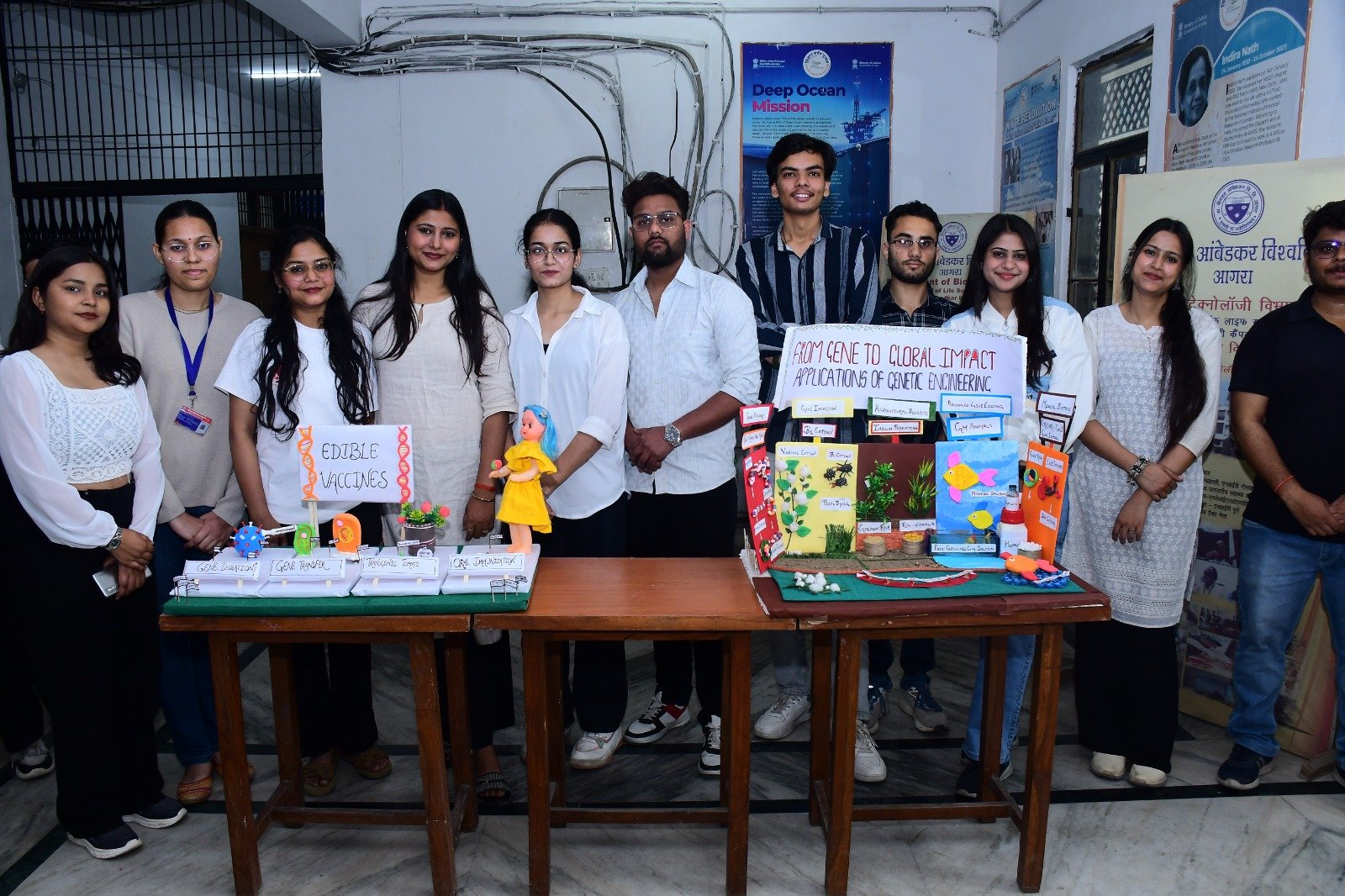 "National Science Day celebration at Dr. Bhimrao Ambedkar University Agra with students presenting innovative science projects and experiments"