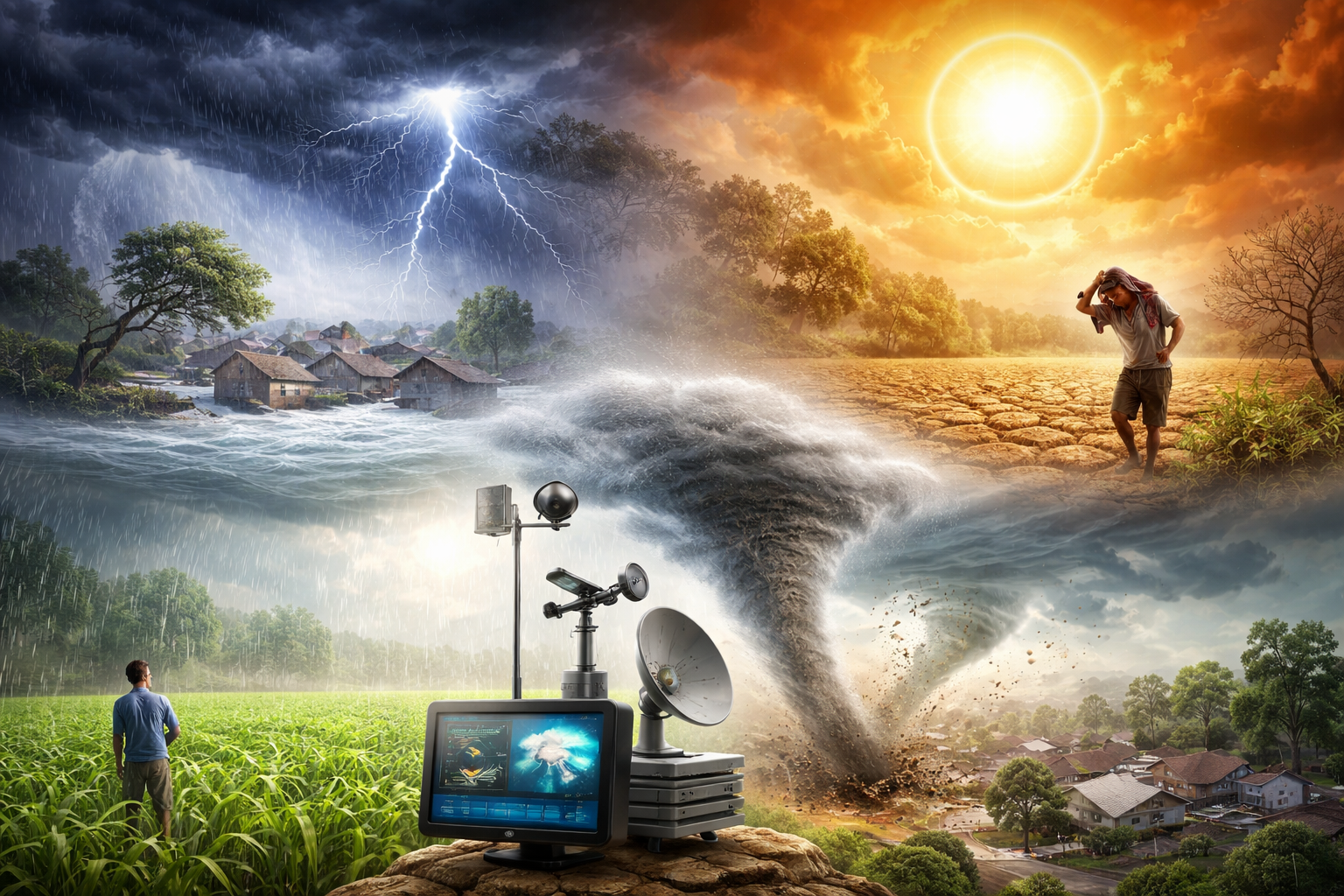 A farmer sitting in a field looking at the cloudy sky, indicating changing weather conditions in rural India.