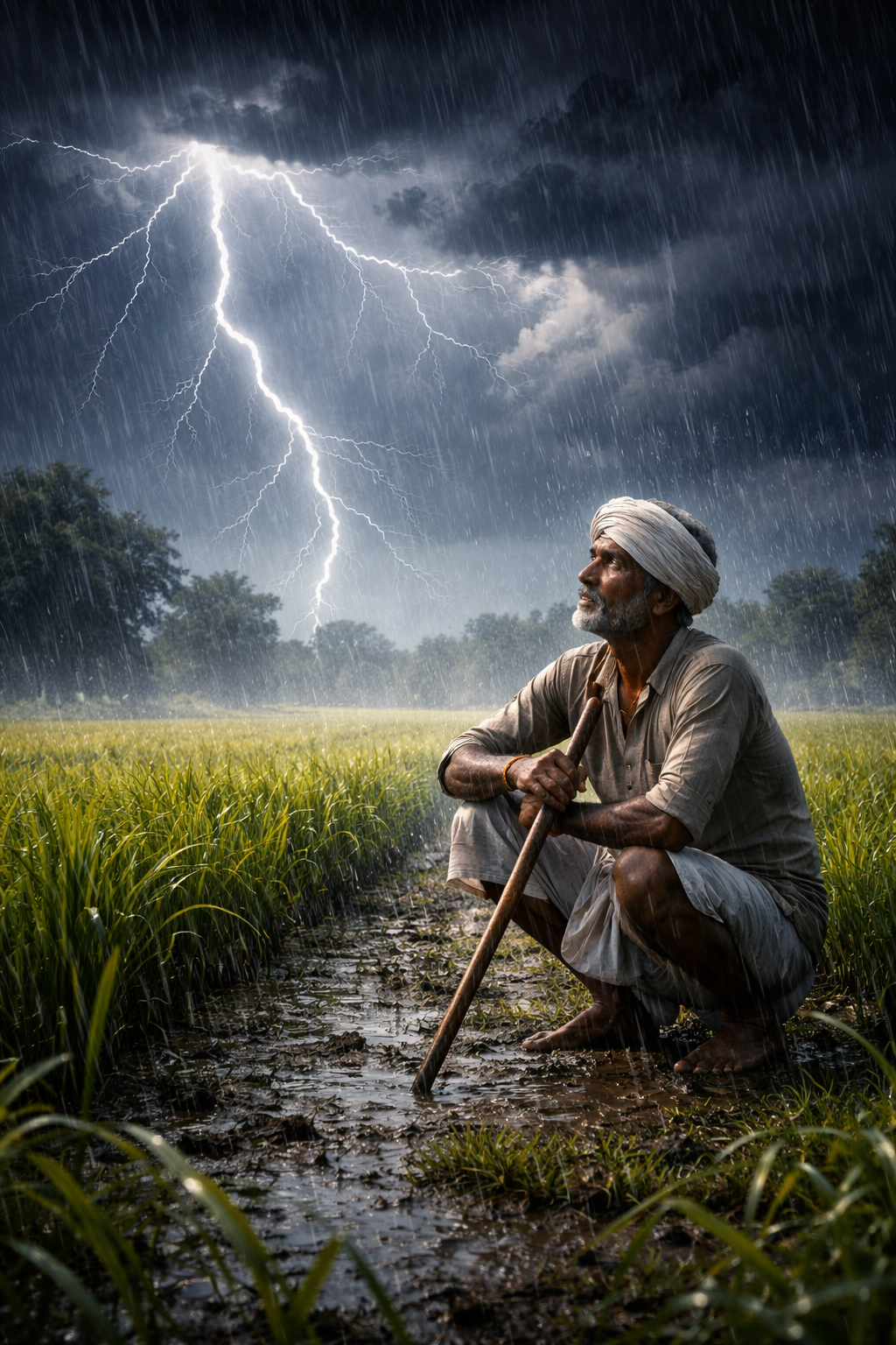 Farmer sitting in field with thunderstorm, lightning, and rain showers, symbolic illustration