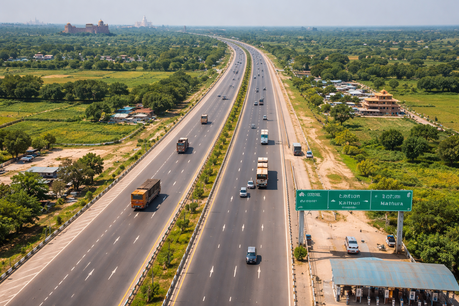 Agra Northern Bypass highway aerial view showing vehicles moving on wide expressway connecting NH-19 to Yamuna Expressway in Uttar Pradesh