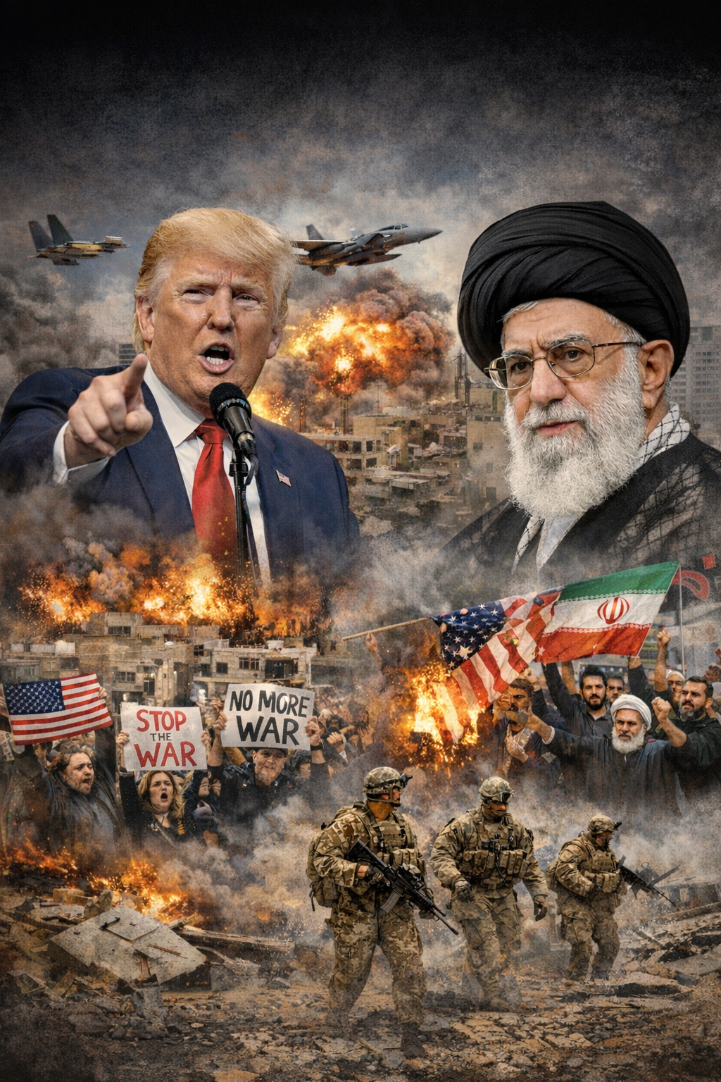 US President Donald Trump and Iran Supreme Leader Ali Khamenei amid explosions, fighter jets and protests symbolizing rising US–Iran conflict after Operation Epic Fury