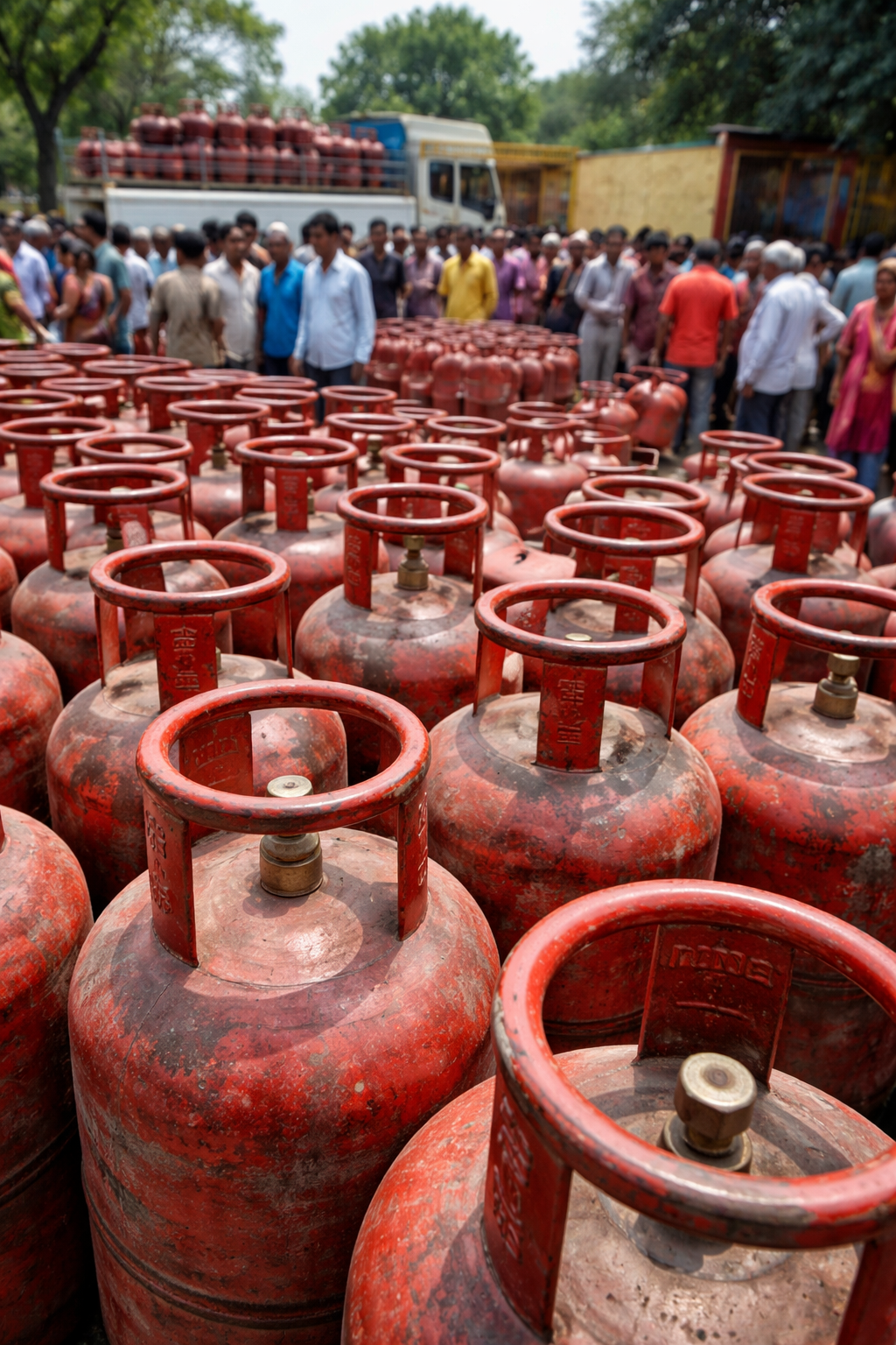 Crowd of consumers waiting in queue for LPG cylinders at gas agency in Agra amid commercial gas shortage