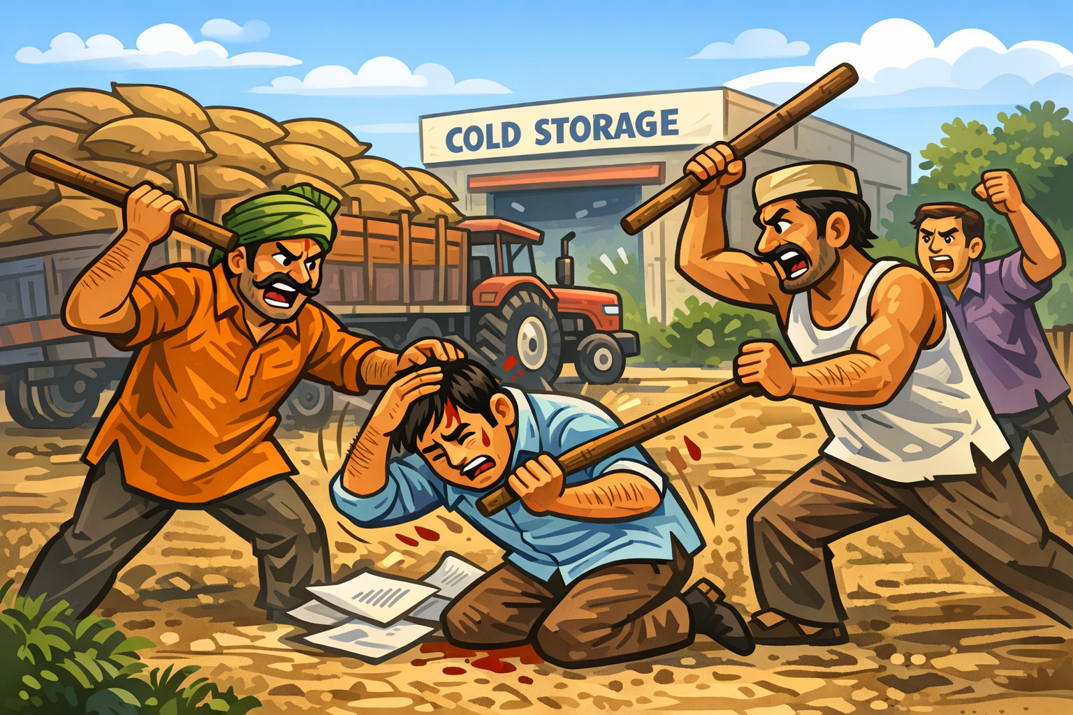 Cartoon illustration of a tractor-trolley dispute at a cold storage, showing an accountant being attacked with sticks by farmers, symbolic farm conflict image for news and blog use.