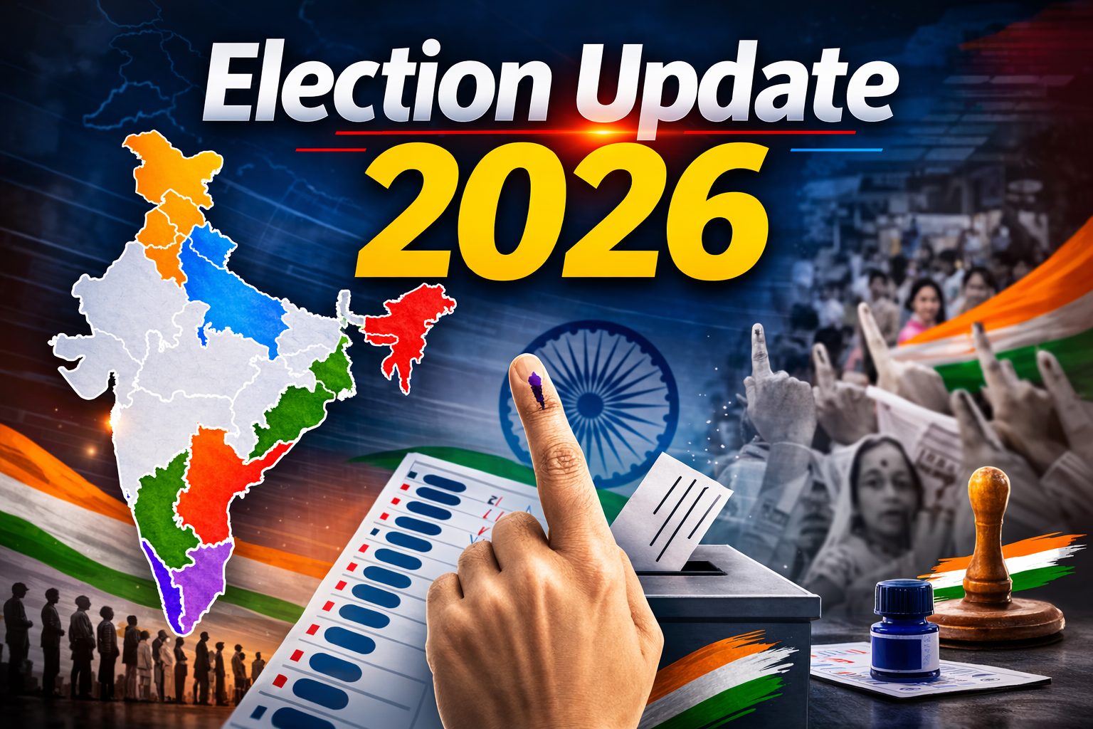 Election Update 2026 graphic showing India map and voting symbol for five states assembly elections including West Bengal, Tamil Nadu, Kerala, Assam and Puducherry.
