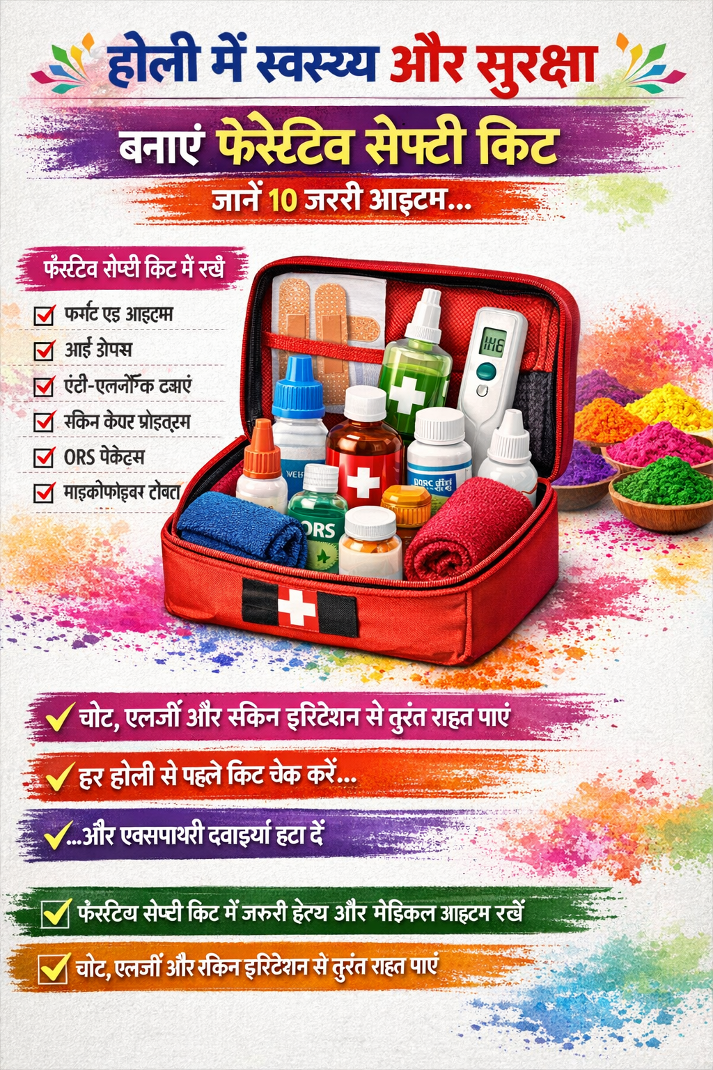 Holi festival safety kit including band-aids, antiseptic liquid, pain relief spray, digital thermometer, eye drops, anti-allergic medicine, coconut oil, anti-fungal cream, ORS packets, microfiber towel, and emergency contact list with colorful Holi background.