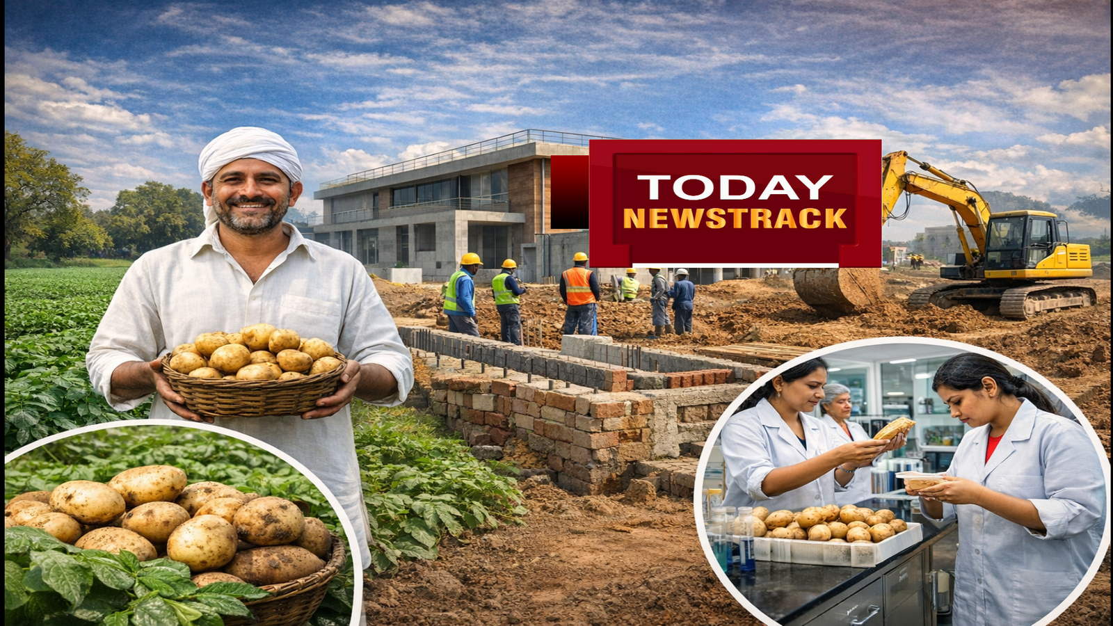 International Potato Research Center under construction in Agra, India with modern lab building, farm management area, and construction activities surrounded by green fields."