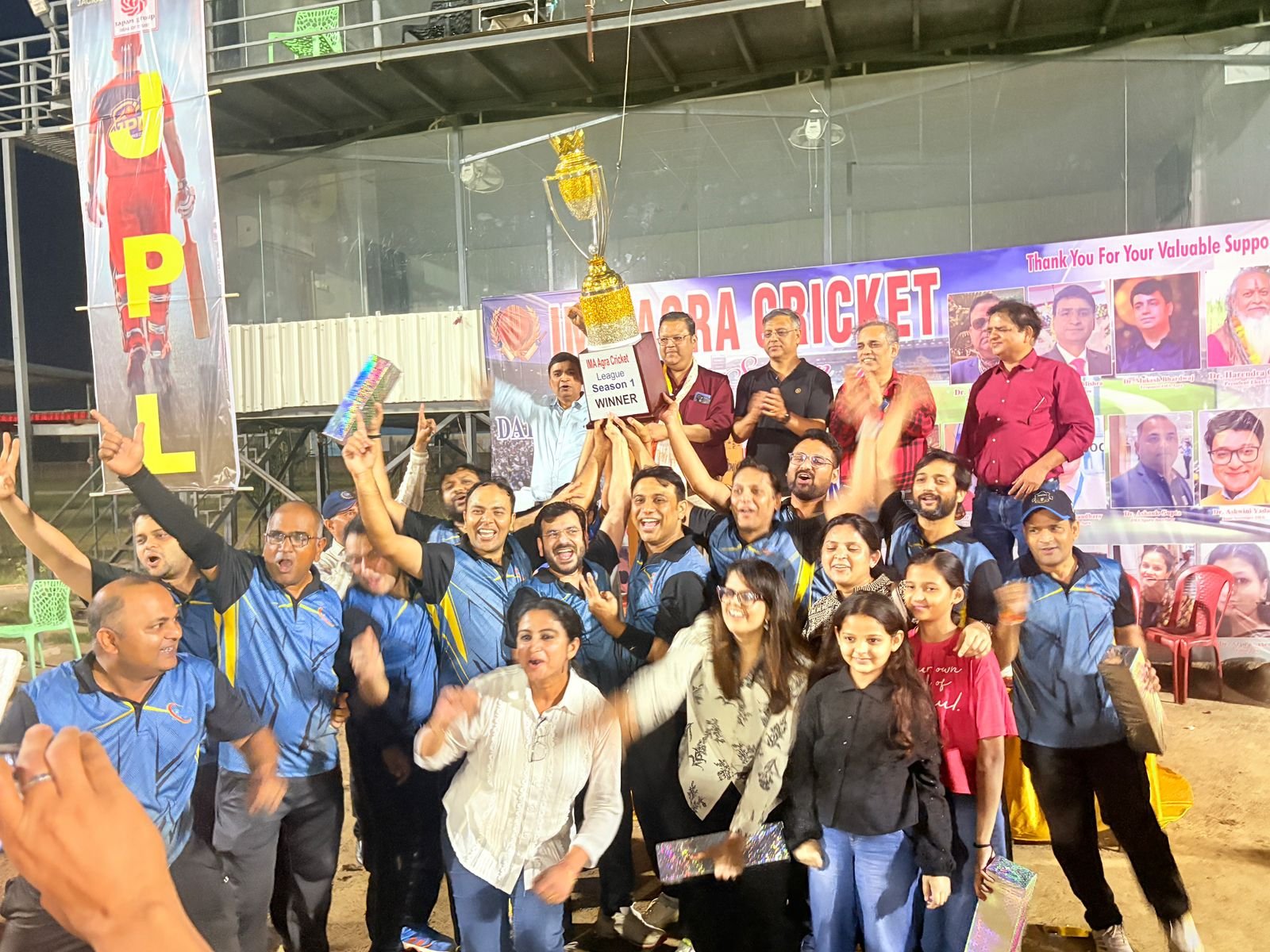 Players and doctors celebrating during the final match of IMA Cricket League Season-1 at Avantibai Lodhi Stadium, Agra