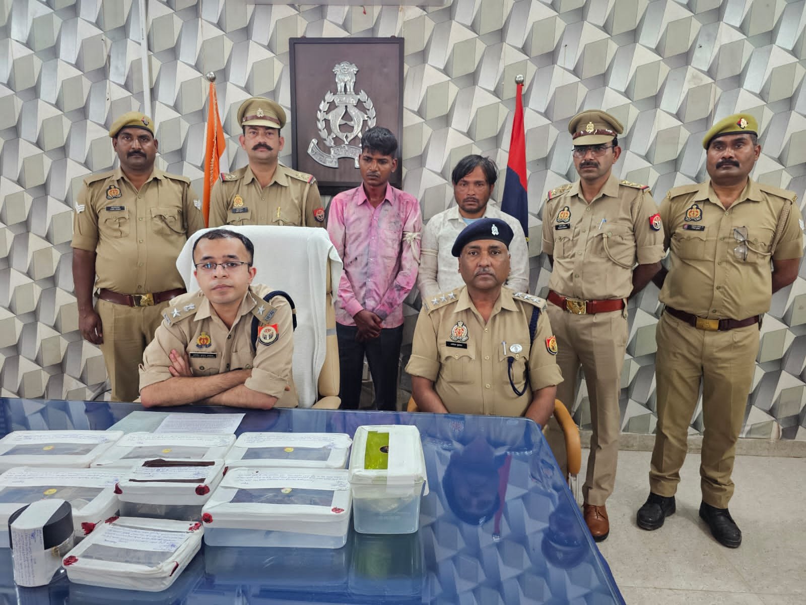 Agra police officers addressing a press conference and giving details about the farmer robbery case and police encounter in Fatehabad