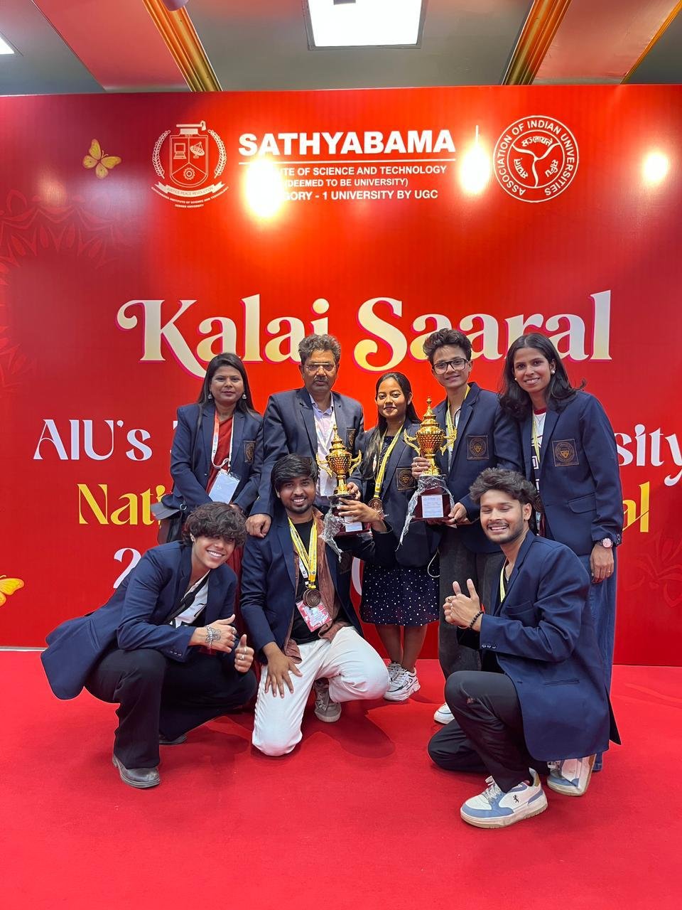 Students of the university celebrating their achievement at AIU 39th Inter University National Youth Festival 2025-26 held at Sathyabama Institute of Science and Technology Chennai