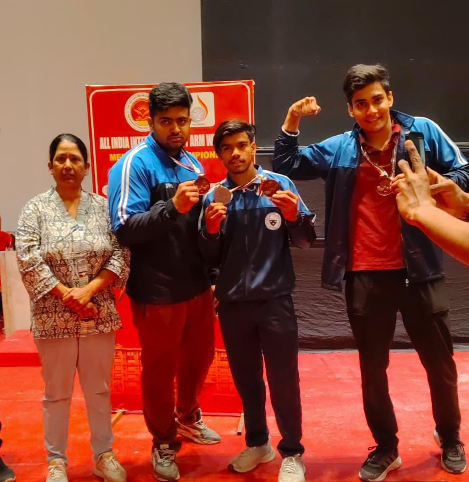 DBRAU Agra students winning silver and bronze medals at All India Inter University Arm Wrestling Tournament (Men & Women) at Raja Mahendra Pratap Singh State University, Aligarh