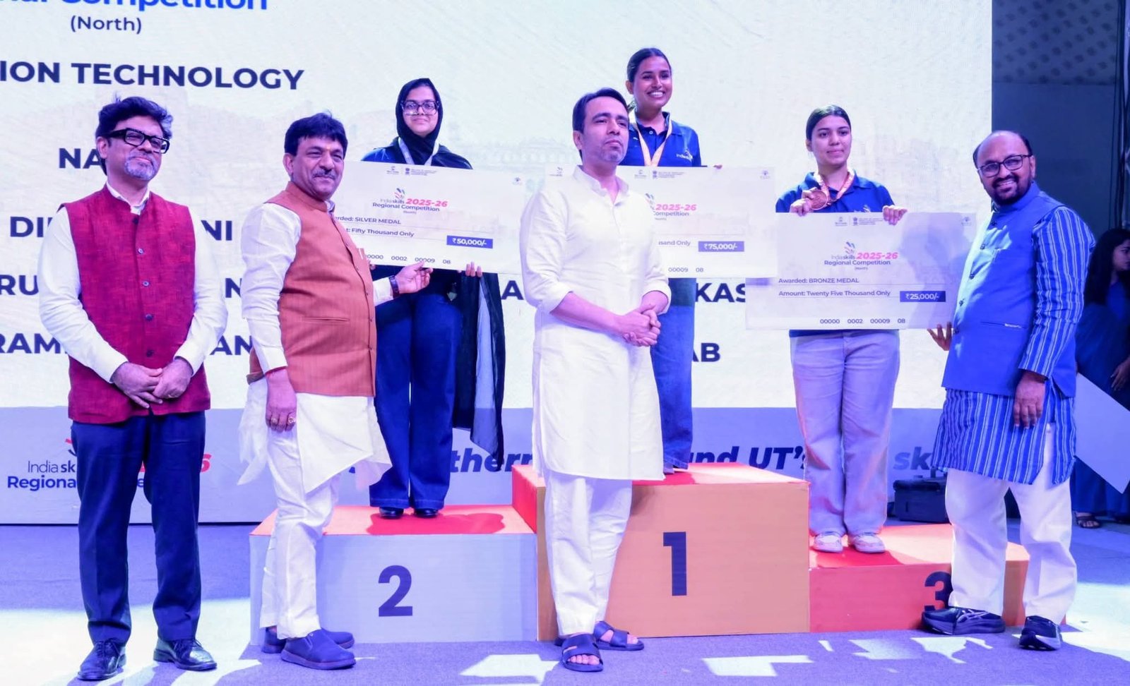 India Skills 2025–26 North Regional Competition Agra participants showcasing technical skills, innovations, and vocational talent during award ceremony. Central Minister Jayant Chaudhary addressing winners.
