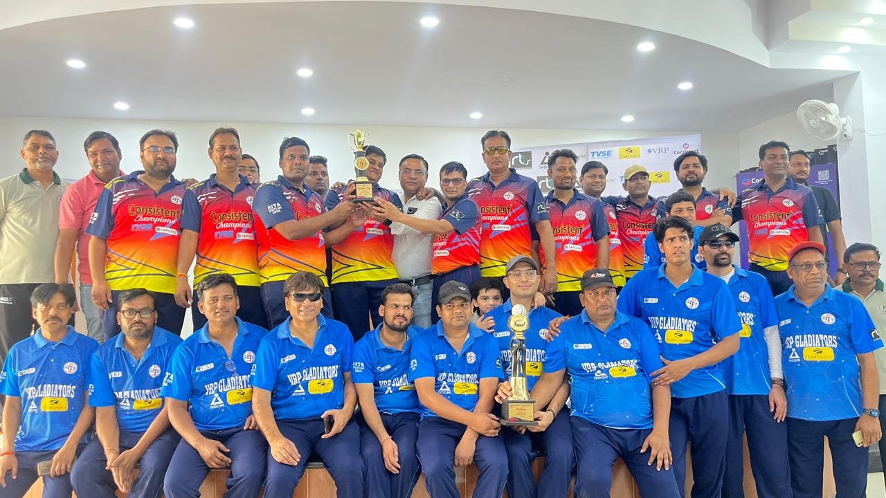 Players of VRP Gladiators celebrating victory after defeating Consistent Champions by four wickets in a friendly cricket match organized by Agra IT Association at St. Johns Ground Agra