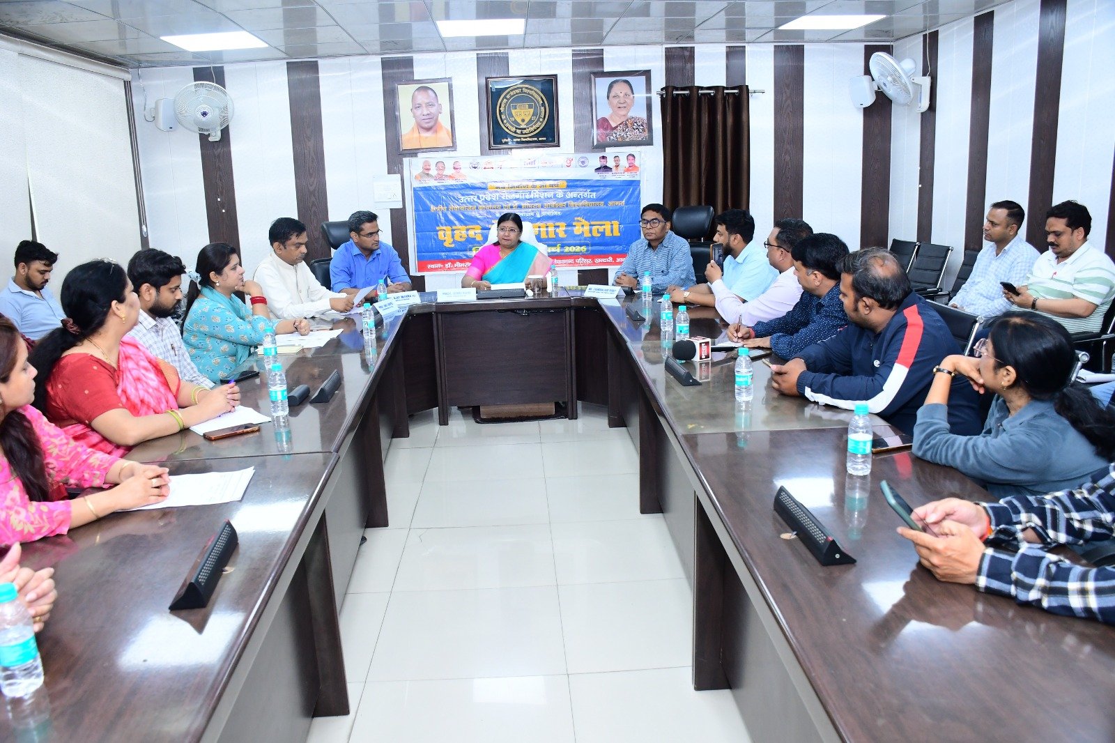 Officials addressing a press conference at Dr. Bhimrao Ambedkar University Agra regarding the upcoming job fair on March 24 with participation of 30+ companies and over 3885 job vacancies