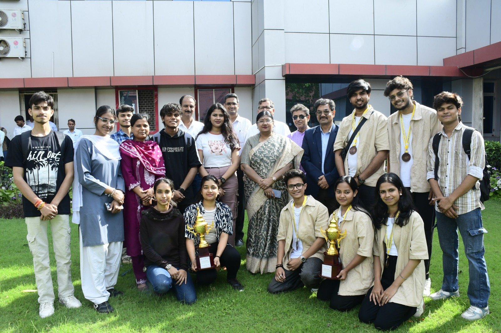 Students of Dr Bhimrao Ambedkar University Agra being felicitated by the Vice Chancellor after winning awards at the National Youth Festival UNIFEST