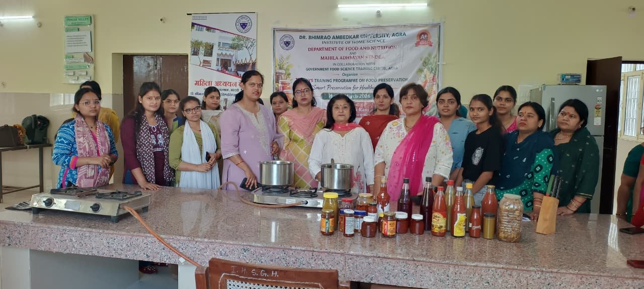Students and women participating in food processing and preservation training at Dr Bhimrao Ambedkar University Agra Home Science Institute