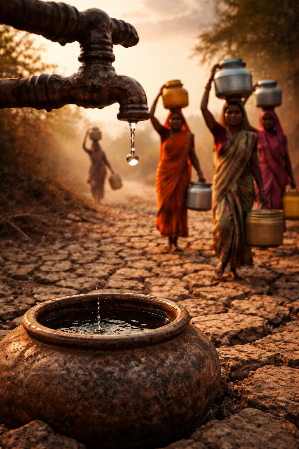Women walking long distances carrying water containers due to water shortage in a rural area