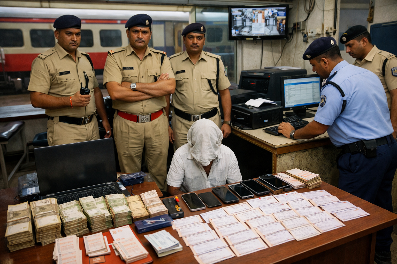 "Indian Railway Protection Force (RPF) officers conducting a raid on ticket touts at an Agra railway station, with seized cash, travel tickets, smartphones, and a laptop displayed, highlighting strict action against illegal ticket trading under Mission Uplabdh."