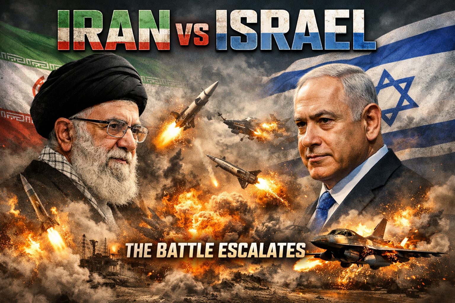 Illustration showing Iranian Supreme Leader Mojtaba Khamenei and Israeli Prime Minister Benjamin Netanyahu with Iran and Israel flags in the background, fighter jets dropping missiles, explosions, and war-torn city, depicting the Middle East conflict and military escalation.