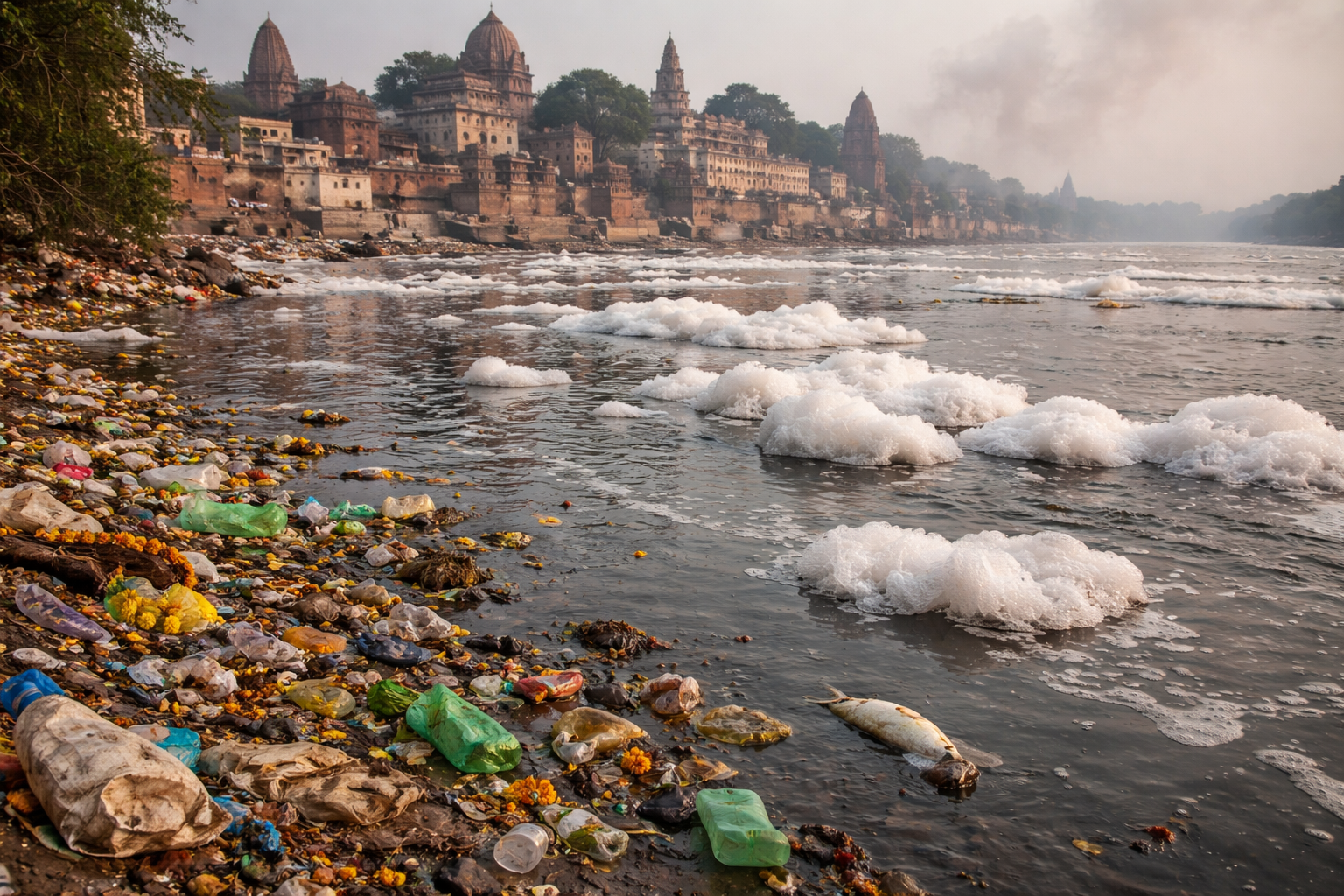 Polluted Yamuna River in Mathura with toxic foam on the water surface, scattered plastic waste, dead fish, and temples in the background, highlighting environmental degradation and water pollution.