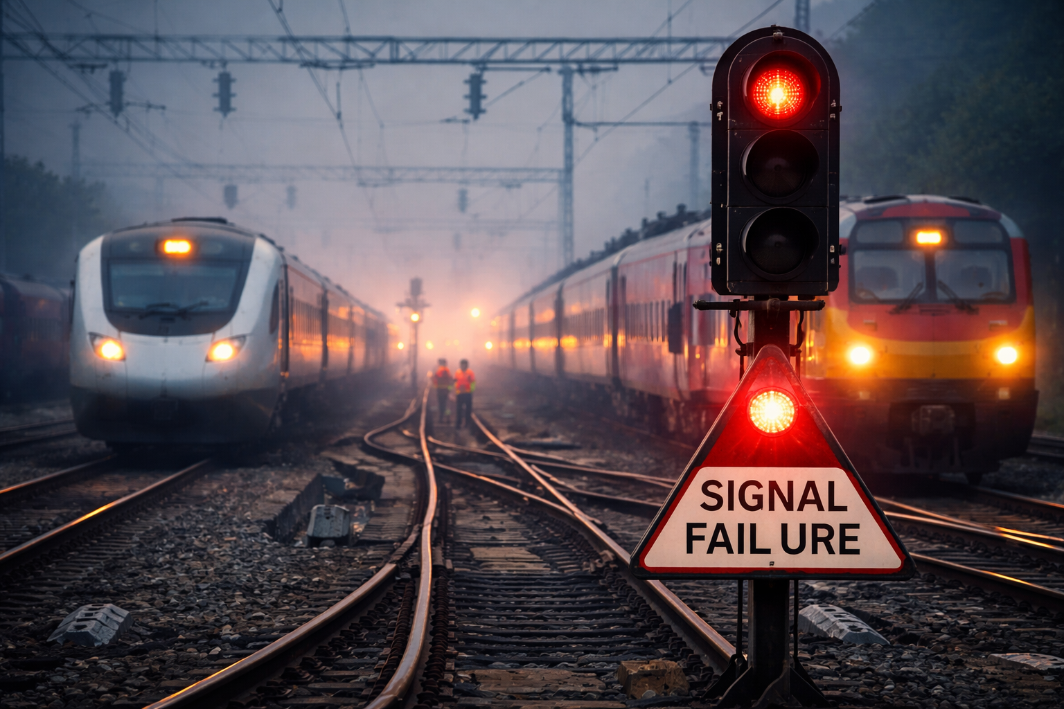 Railway tracks with a failed red signal and multiple trains moving slowly under manual control, depicting a signal failure affecting train operations.