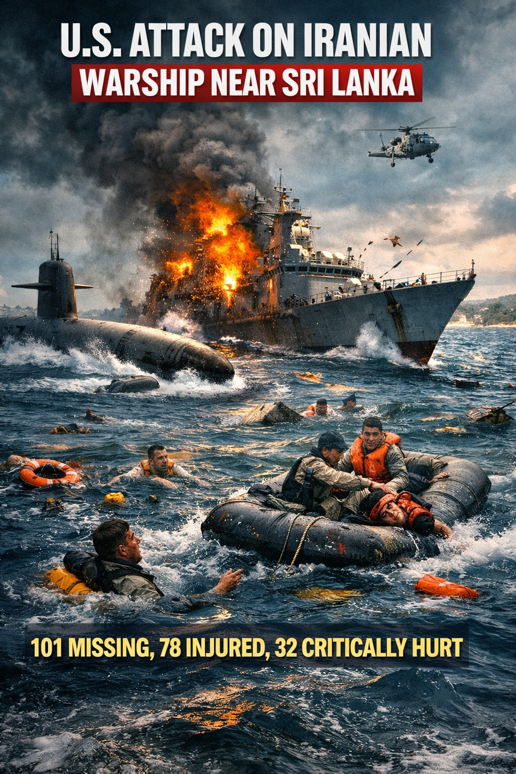 Iranian warship IRIS Dena sinking near Sri Lanka after a US submarine attack, with sailors struggling in the sea and rescue operations underway during the Israel-Iran War 2026