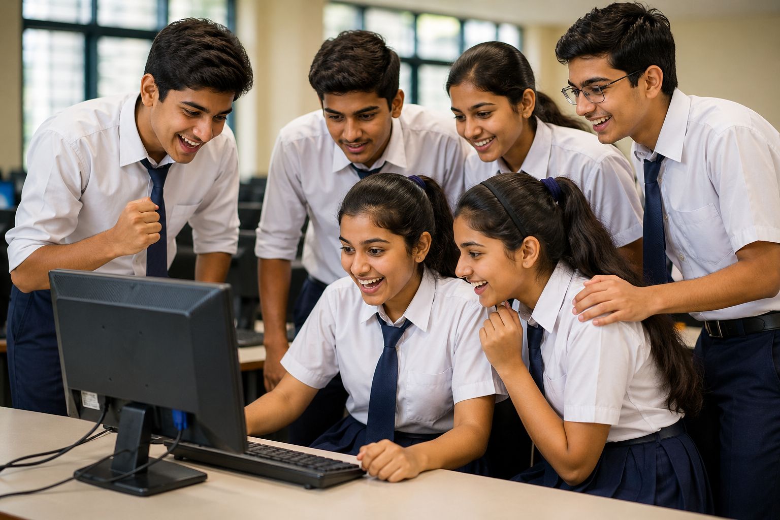 Students checking CISCE ICSE ISC 2026 board exam results on computer in school