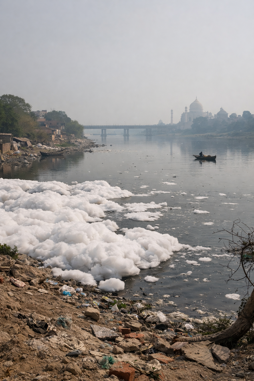 Polluted Yamuna River in Agra with foam, stagnant water, trash along the banks, and urban buildings in the background, showing environmental degradation.