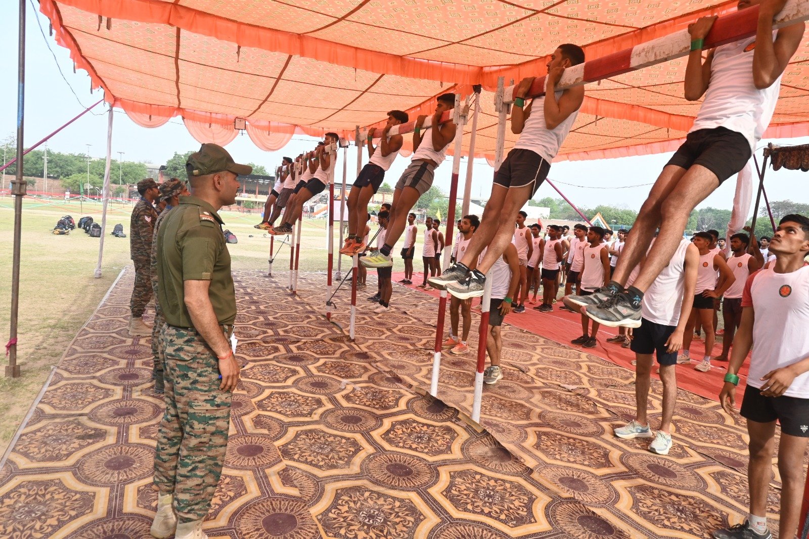 Candidates participating in Agniveer recruitment rally 2026 at Eklavya Sports Stadium Agra