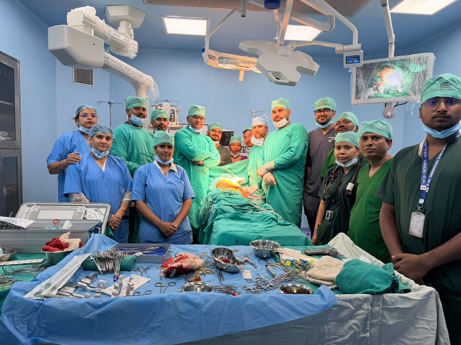 Doctors performing open heart surgery on a 13-year-old child at SN Medical College Agra