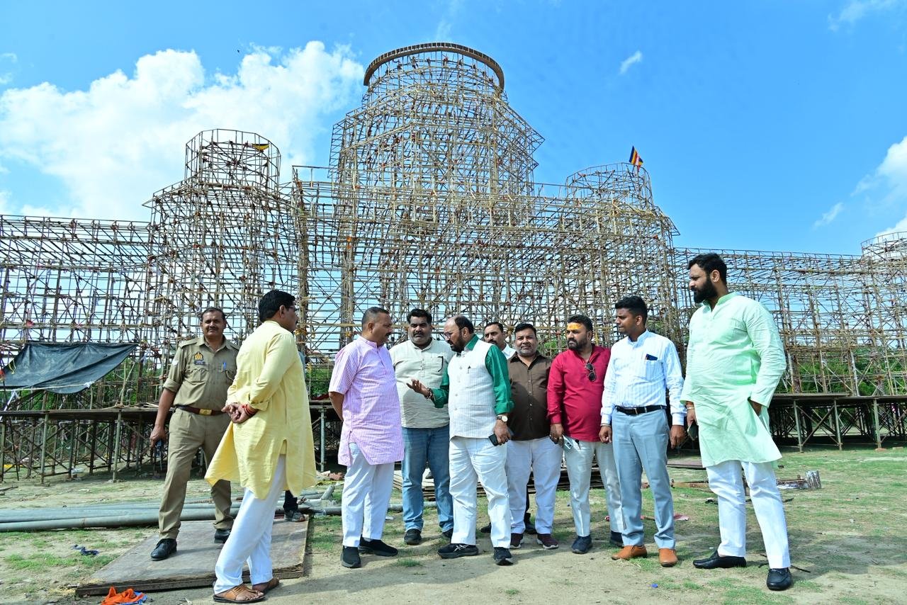 Yogendra Upadhyay inspecting Bhim Nagari area in Agra, Uttar Pradesh, reviewing development works and beautification of Dr. B.R. Ambedkar statue site, April 2026"