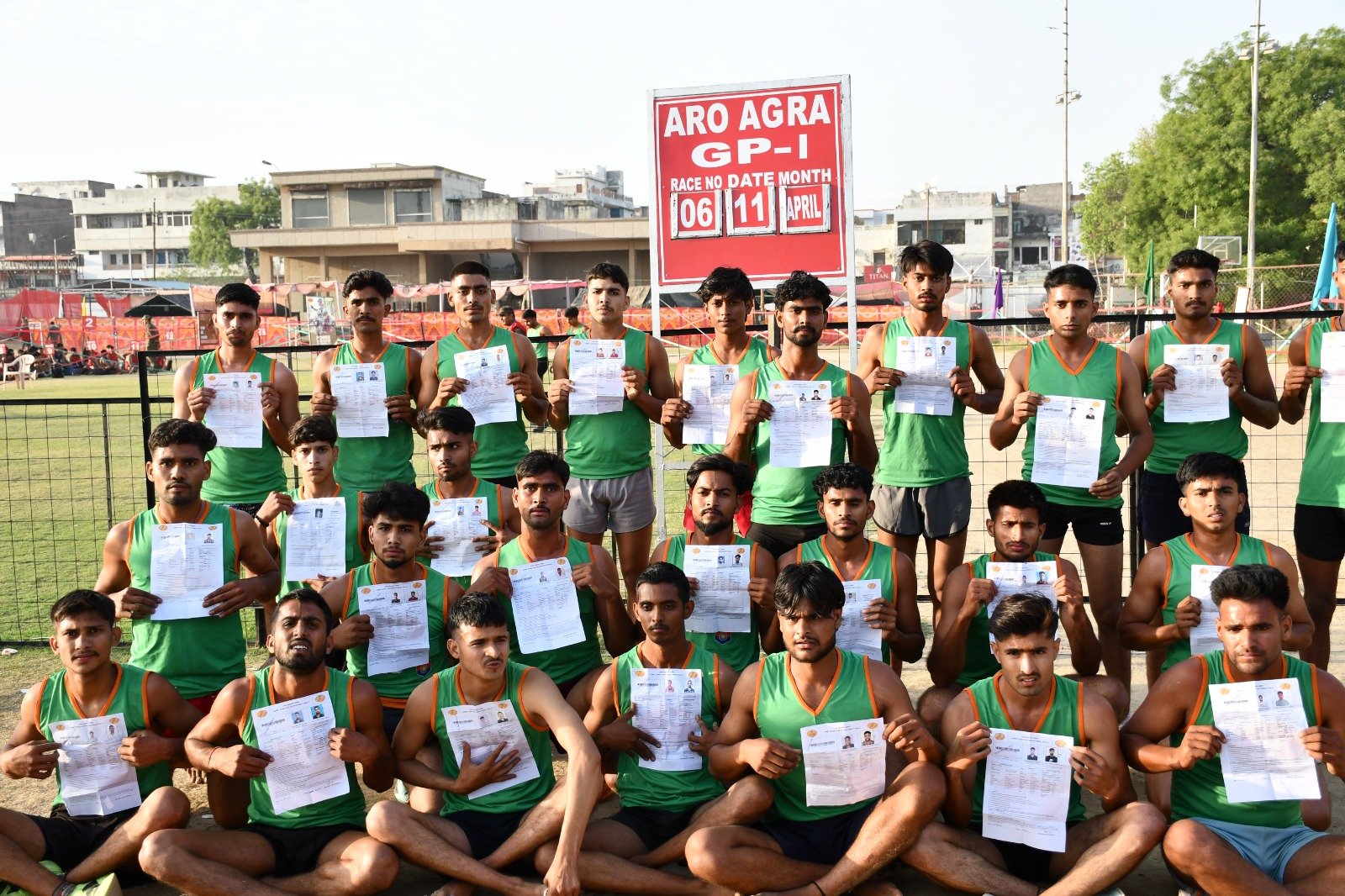 Candidates participating in Agniveer recruitment rally at Eklavya Sports Stadium in Agra during physical tests