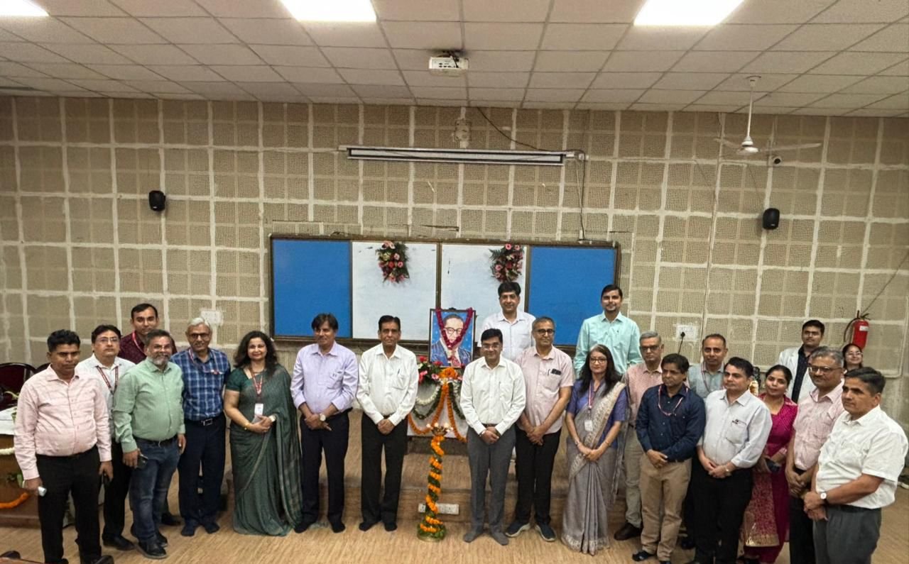 Doctors, faculty and students celebrating Dr B R Ambedkar Jayanti at SN Medical College Agra with garlanding ceremony