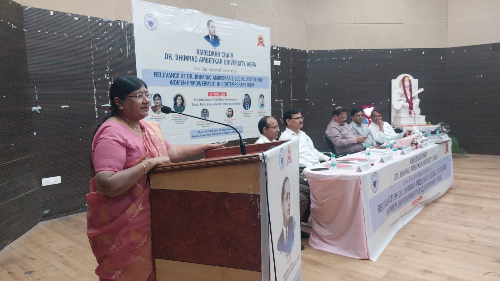 Speakers addressing Ambedkar Jayanti seminar on social justice and women empowerment in Jubilee Hall Agra