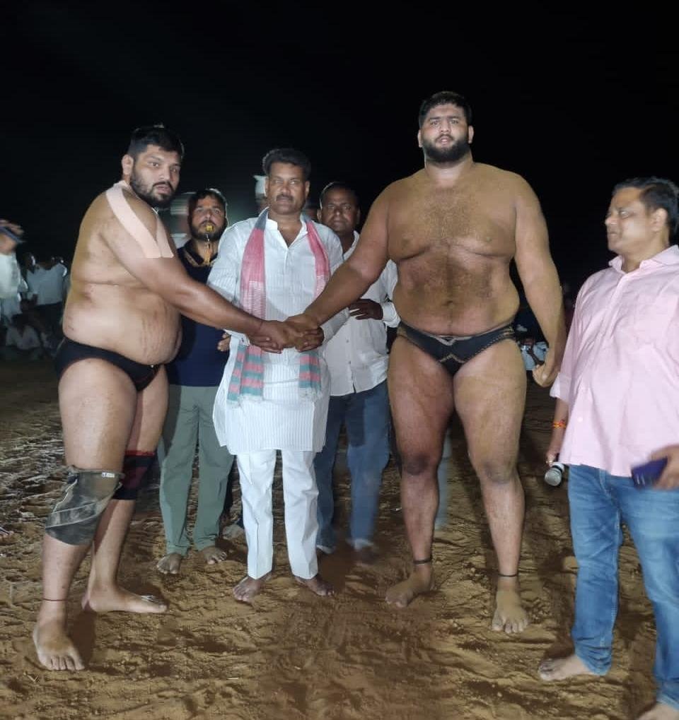 Virat Dangal event in Sankuri Khurd Fatehabad featuring wrestlers from across India showcasing traditional kushti competition with high prize bouts including Shera Gurjar victory