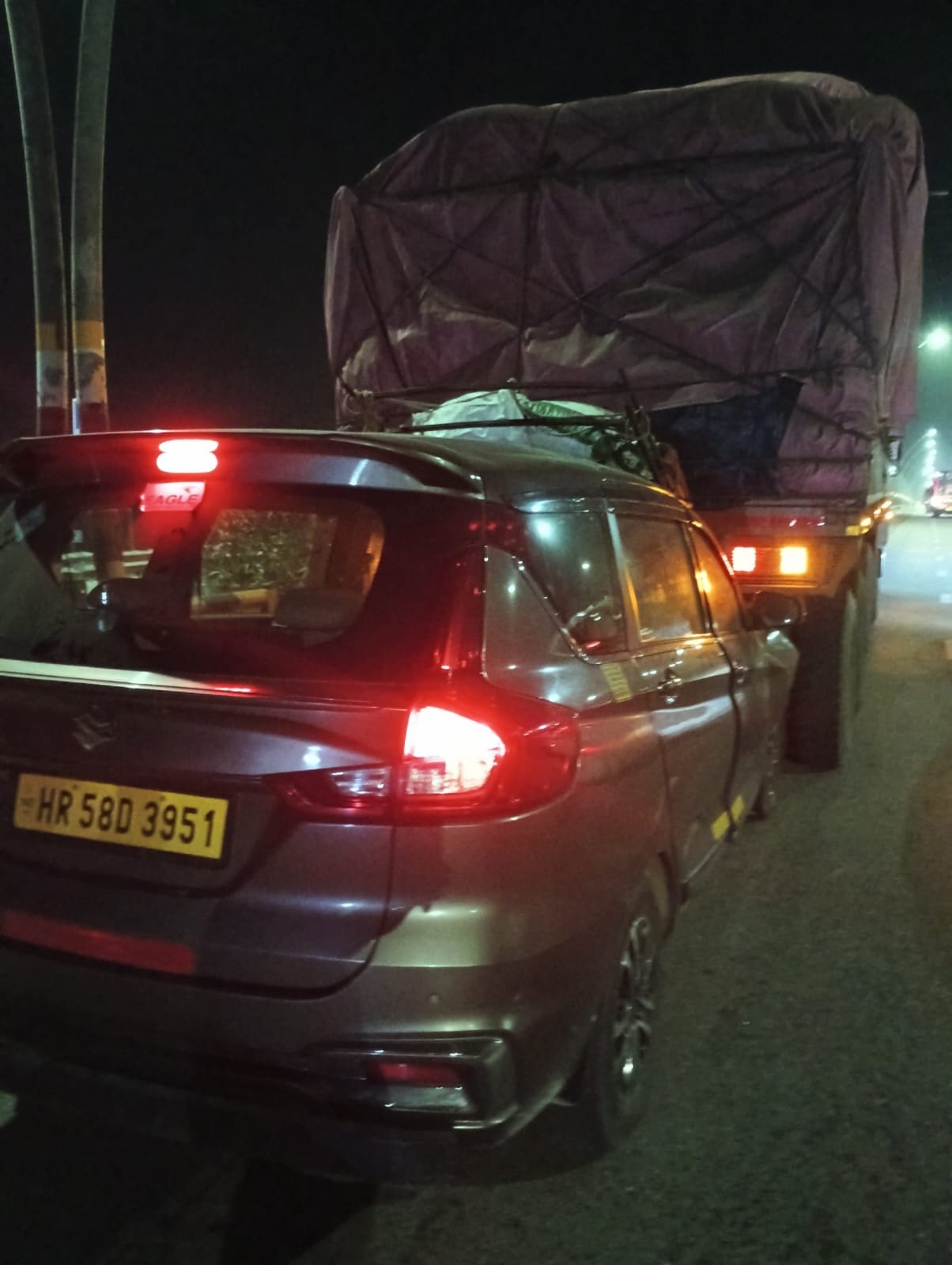 Damaged cars seen after two separate road accidents on Agra-Lucknow Expressway near Fatehabad, Agra district.