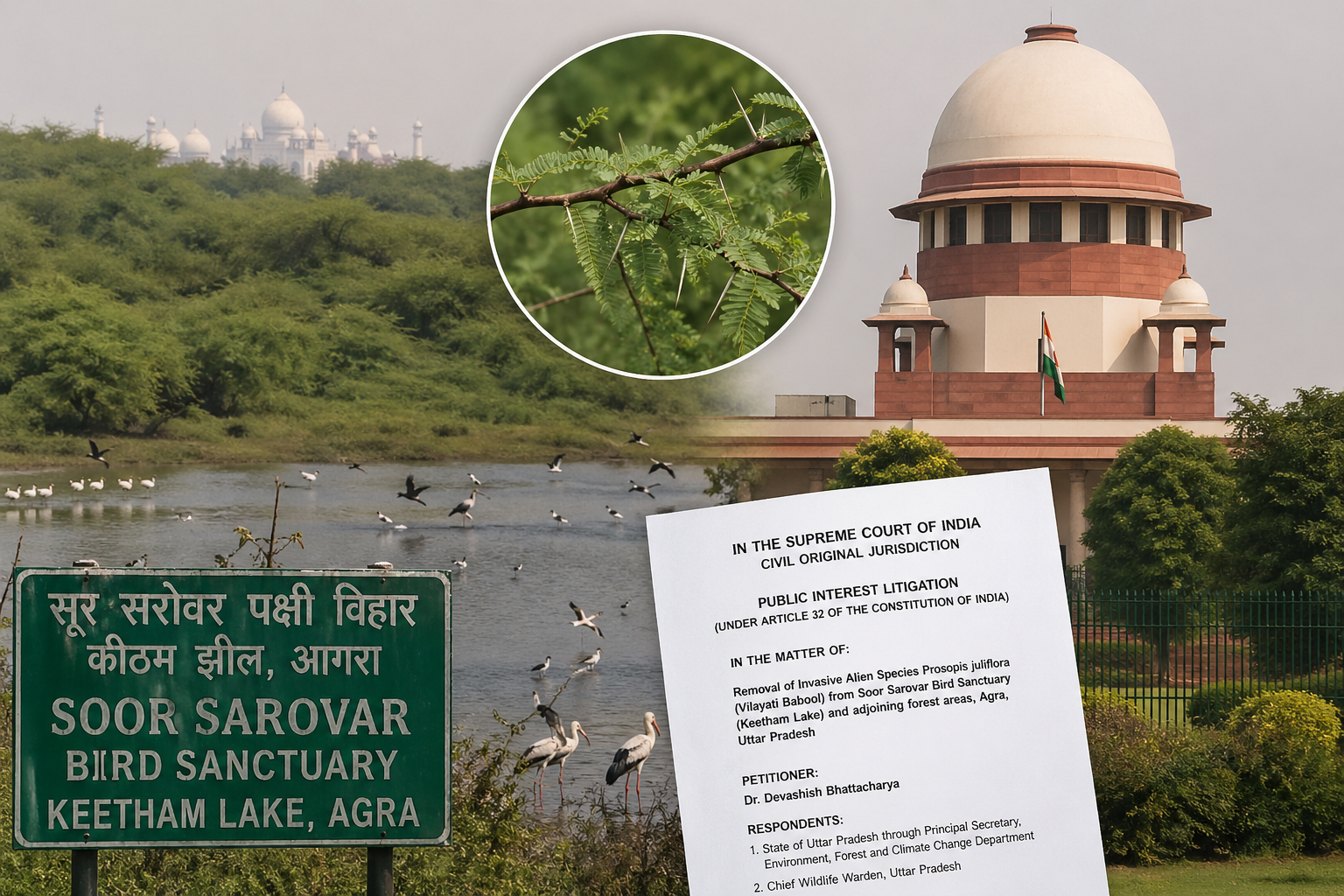 Soor Sarovar Bird Sanctuary Keetham Lake Agra facing ecological threat due to invasive Prosopis juliflora (Vilayati Babool) with Supreme Court PIL petition visual representation