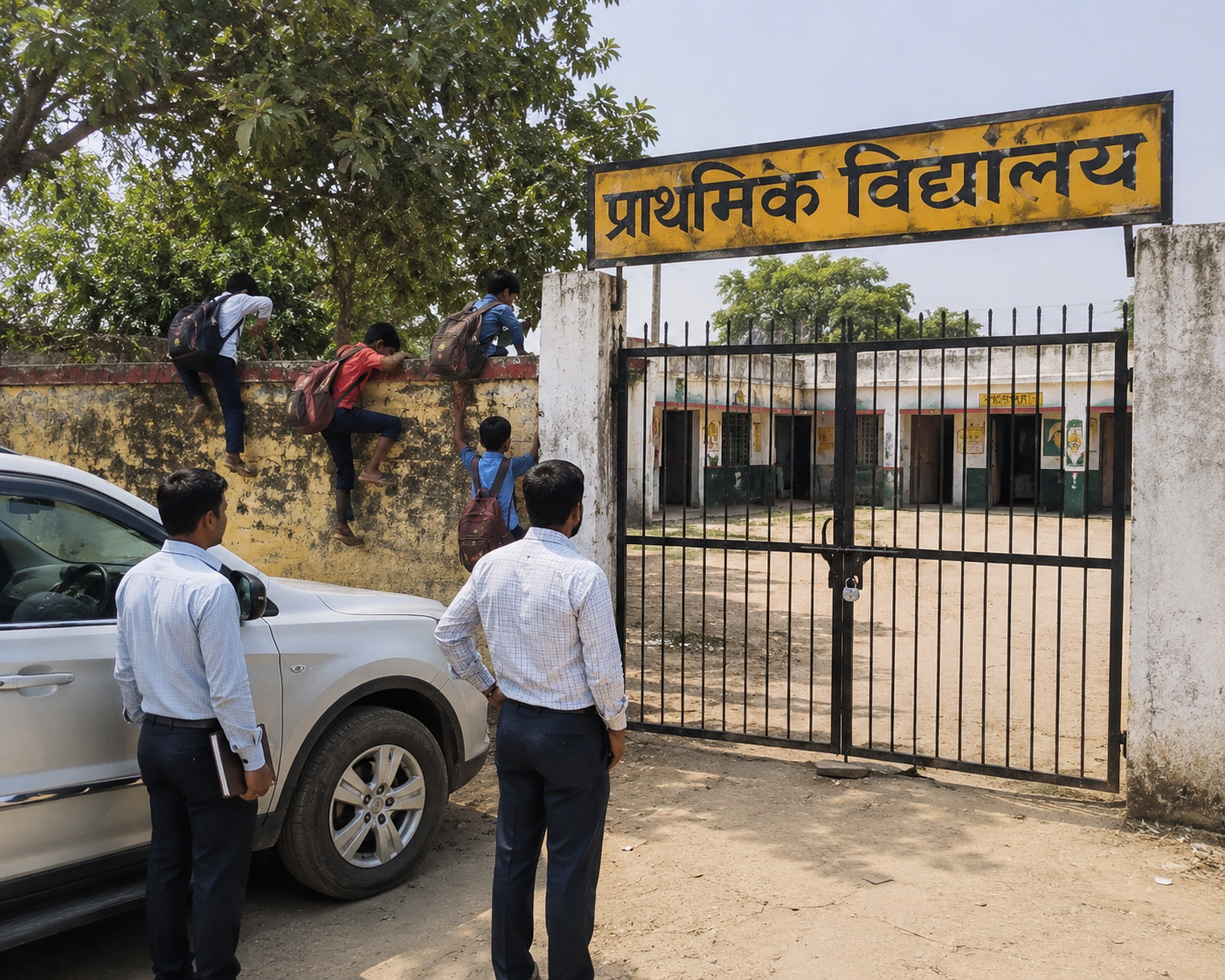 Symbolic image of a primary school locked during inspection as students with school bags climb the wall to enter while officials stand outside