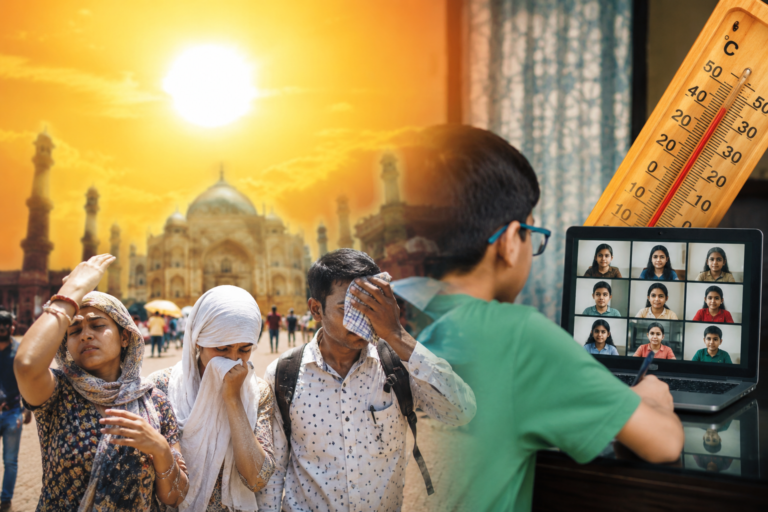 Symbolic image showing people struggling with extreme heat while school education shifts online due to heatwave conditions in Agra