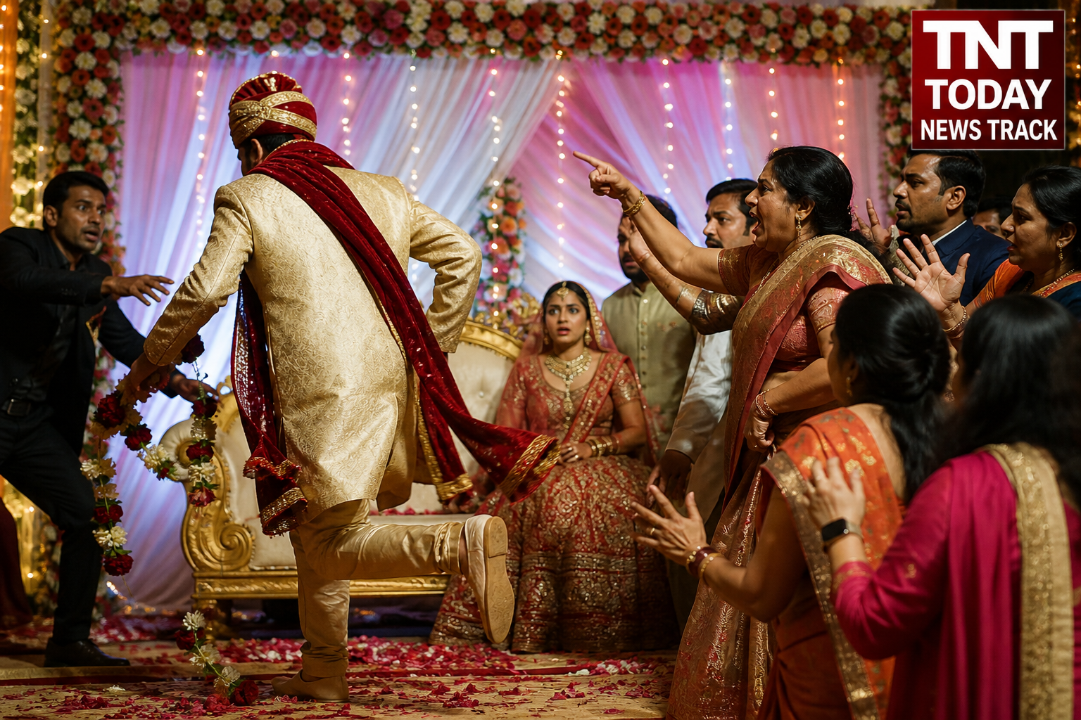 Symbolic wedding photo showing groom running away from stage during Jai Mala ceremony while guests react in shock