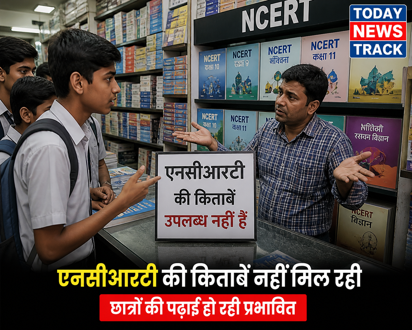 Students at a bookstore unable to find NCERT textbooks for classes 9, 10 and 11 in Agra