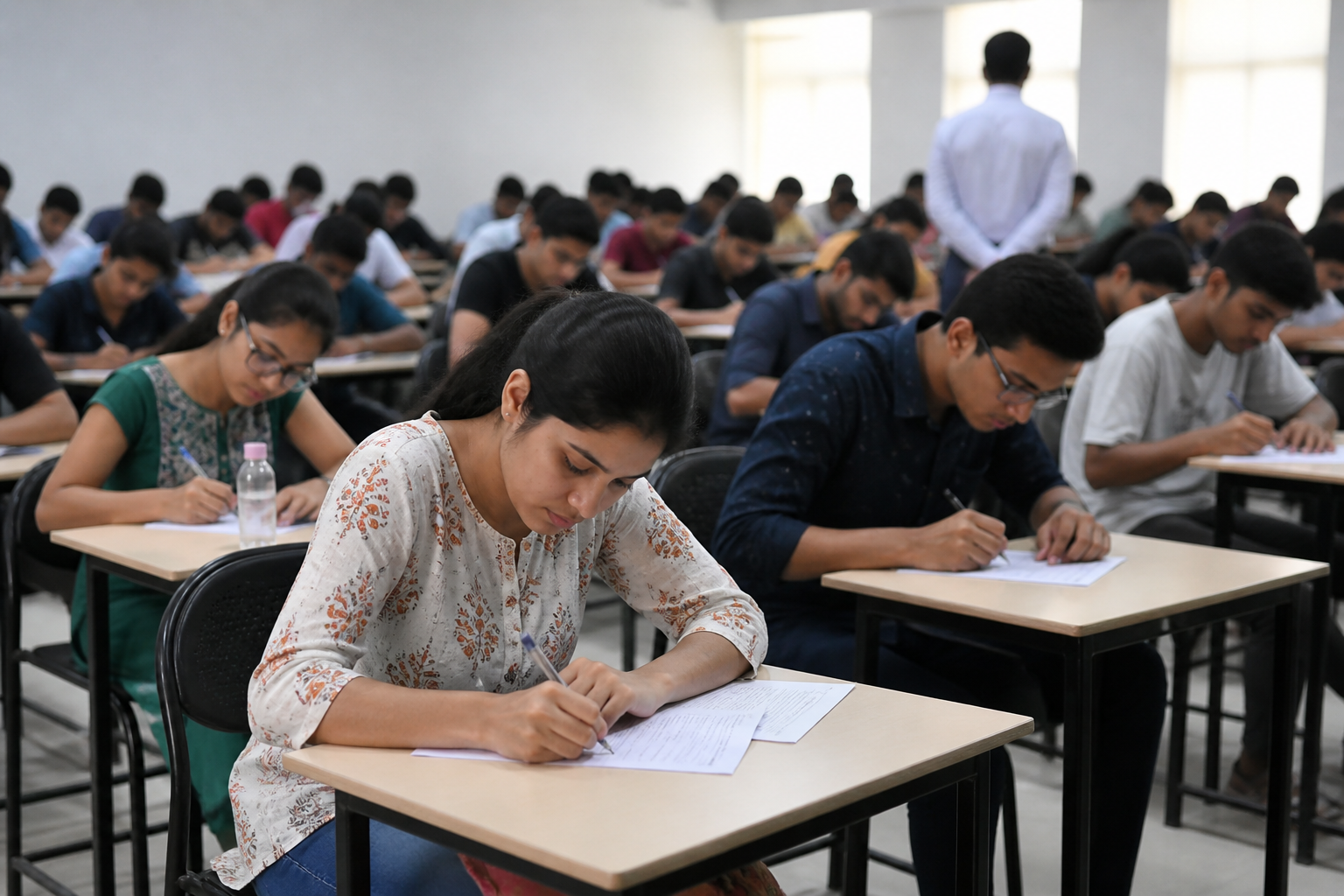 NEET exam security arrangements at examination centre in Agra with students entering under strict checking and CCTV surveillance