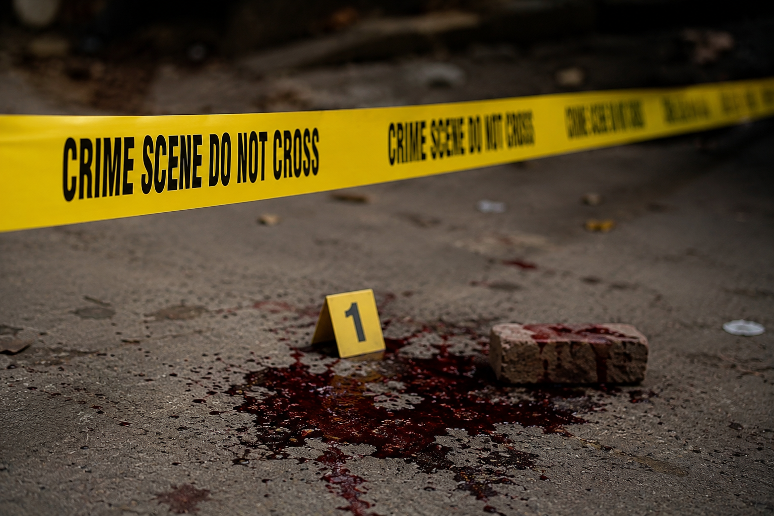 Crime scene tape with evidence marker and blood stains on a street representing a serious criminal investigation and breaking news incident.