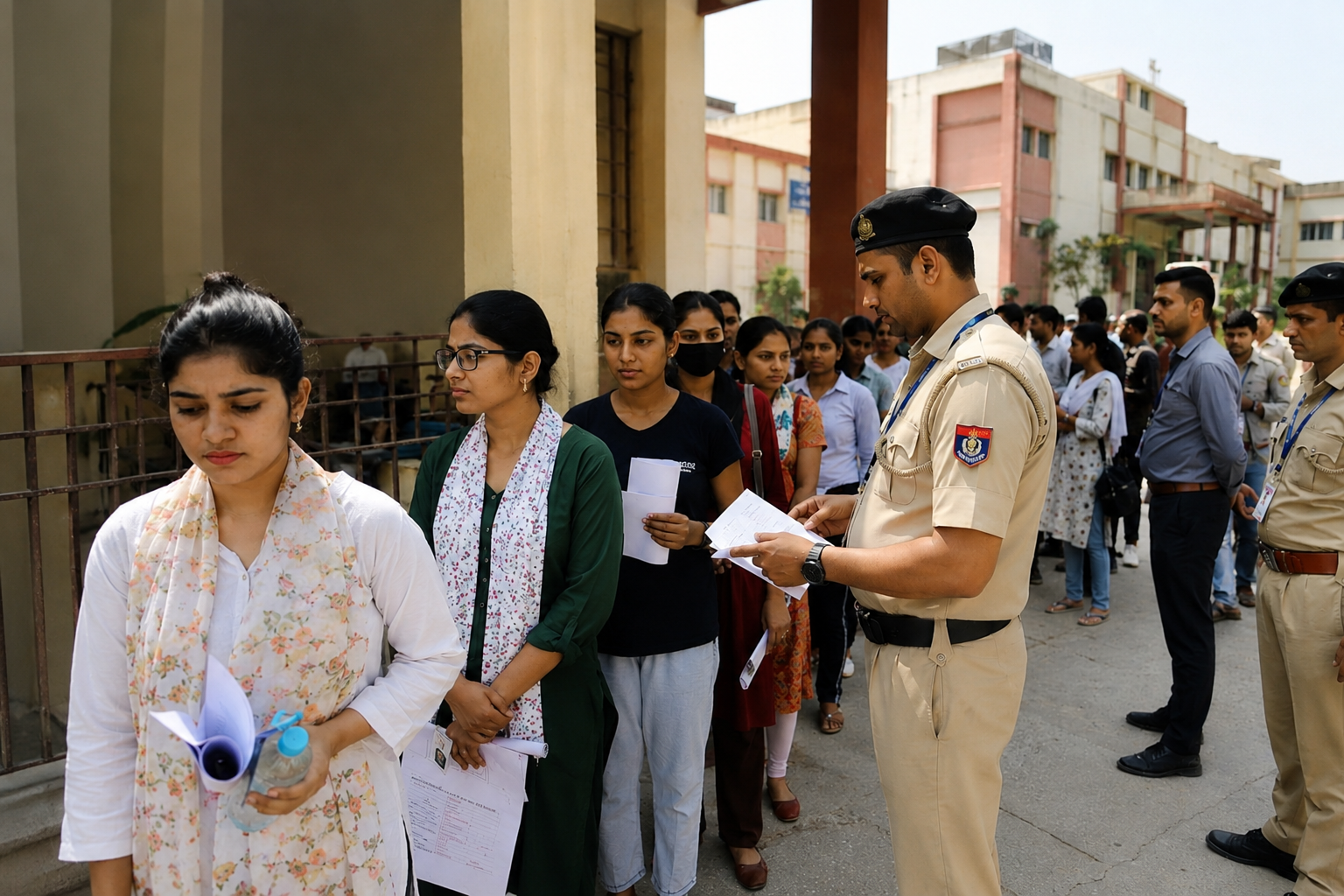 Candidates standing in a queue outside an examination center in Agra for the Uttar Pradesh B.Ed Entrance Examination under tight security arrangements.