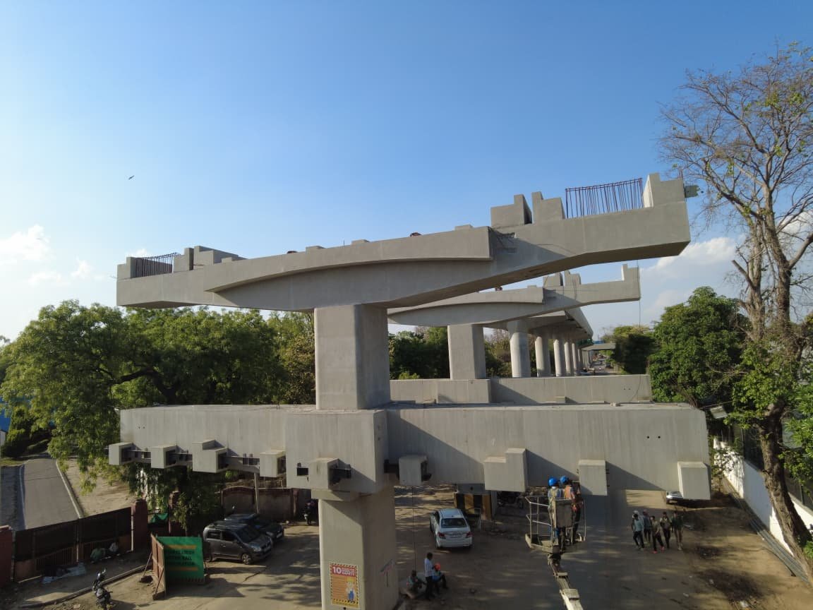 Agra Metro elevated station construction using single pillar technology on MG Road second corridor