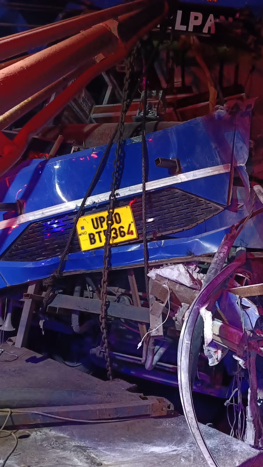 Passenger bus collided with a truck on Agra Lucknow Expressway near Fatehabad causing damage to the bus but no injuries reported