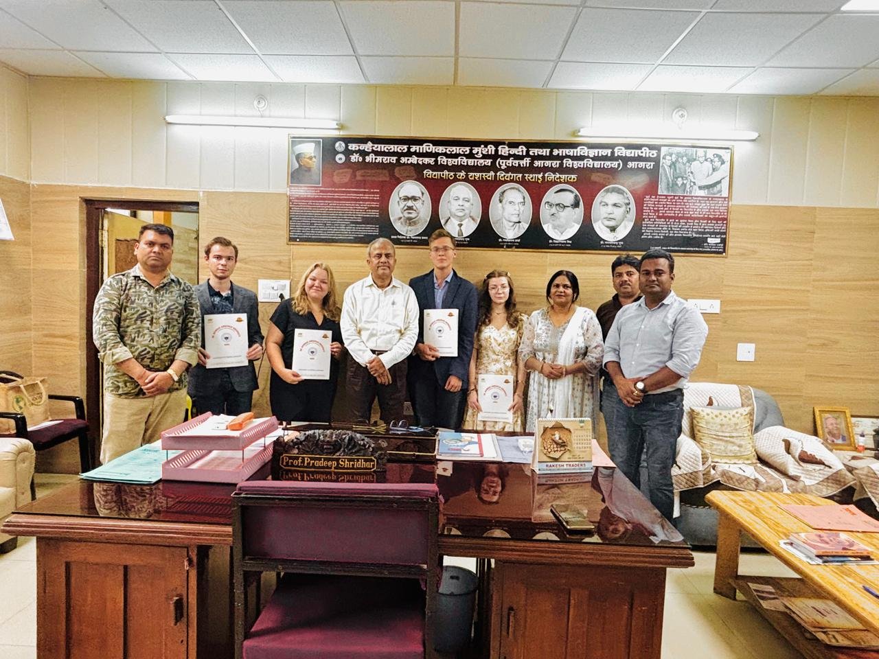 Russian students receiving certificates during the Student Exchange Program closing ceremony at Dr Bhimrao Ambedkar University in Agra.