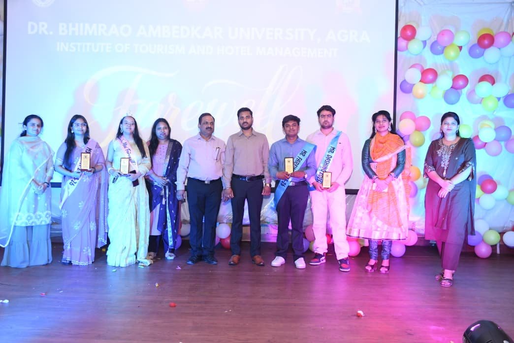 Students and faculty members during an emotional farewell ceremony at Dr Bhimrao Ambedkar University Tourism and Hotel Management Institute in Agra